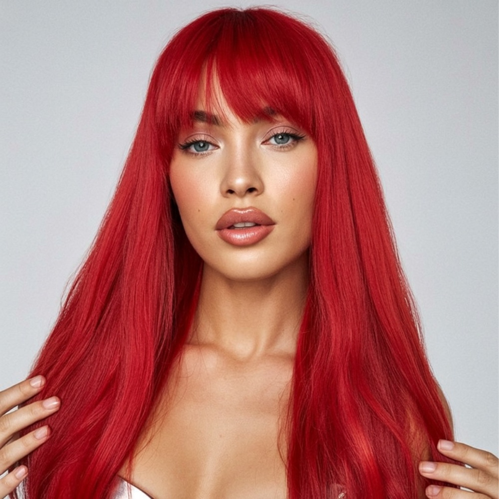 Red Wig with Bangs | 22” Long Straight Synthetic Heat Resistant Hair | Natural L